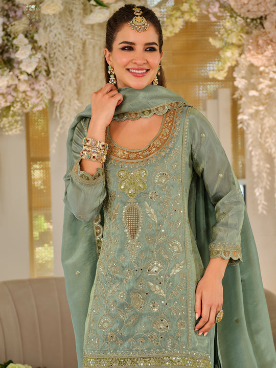 Indo Era Green Embroidered Straight Kurta Palazzos With Dupatta Set