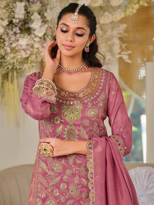 Indo Era Pink Embroidered Straight Kurta Palazzos With Dupatta Set