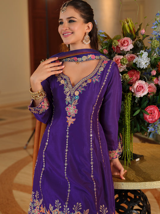 Indo Era Purple Embroidered A-Line Kurta Palazzos With Dupatta Set