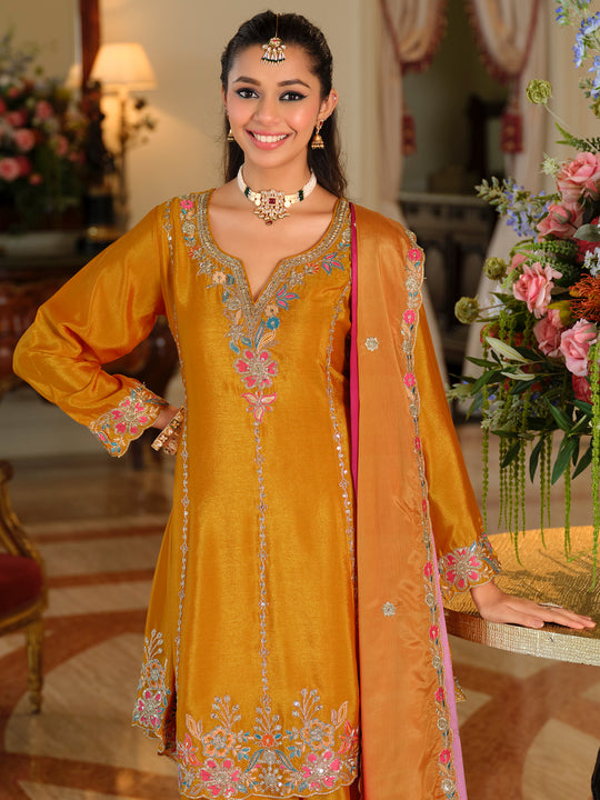 Indo Era Mustard Embroidered A-Line Kurta Palazzos With Dupatta Set