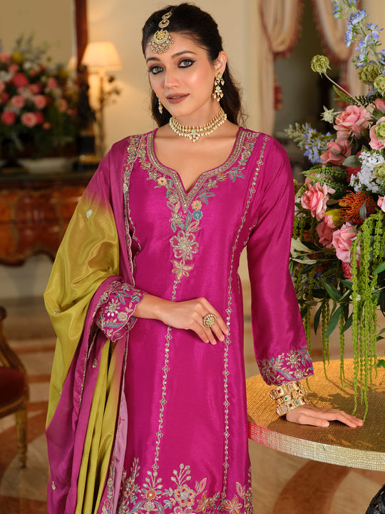 Indo Era Pink Embroidered A-Line Kurta Palazzos With Dupatta Set