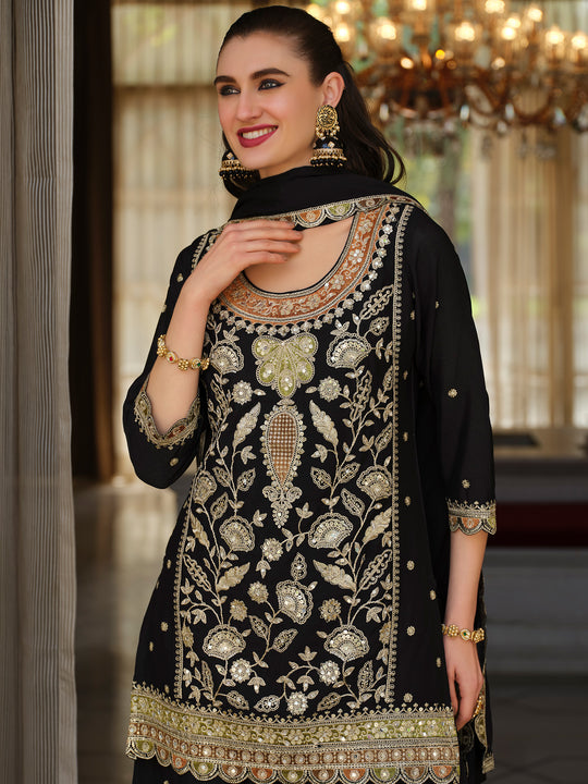 Indo Era Black Embroidered Straight Kurta Palazzos With Dupatta Set