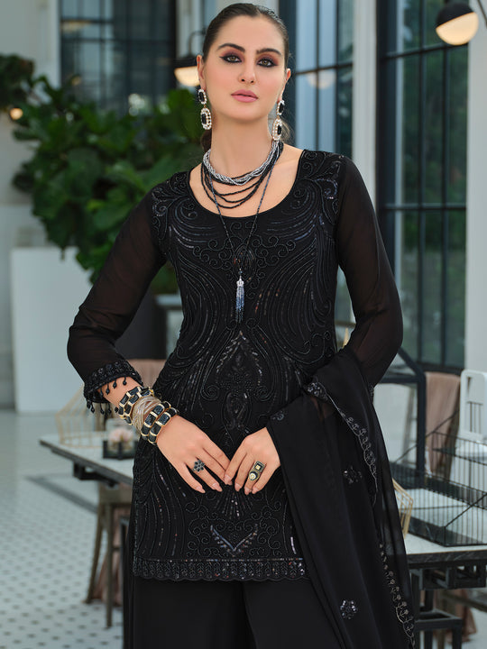 Indo Era Black Embroidered Straight Kurta Palazzos With Dupatta Set