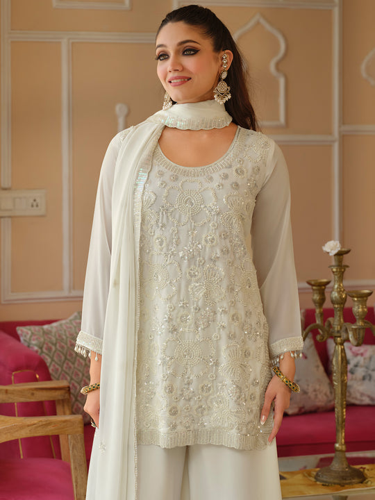 Indo Era White Embroidered Straight Kurta Palazzos With Dupatta Set