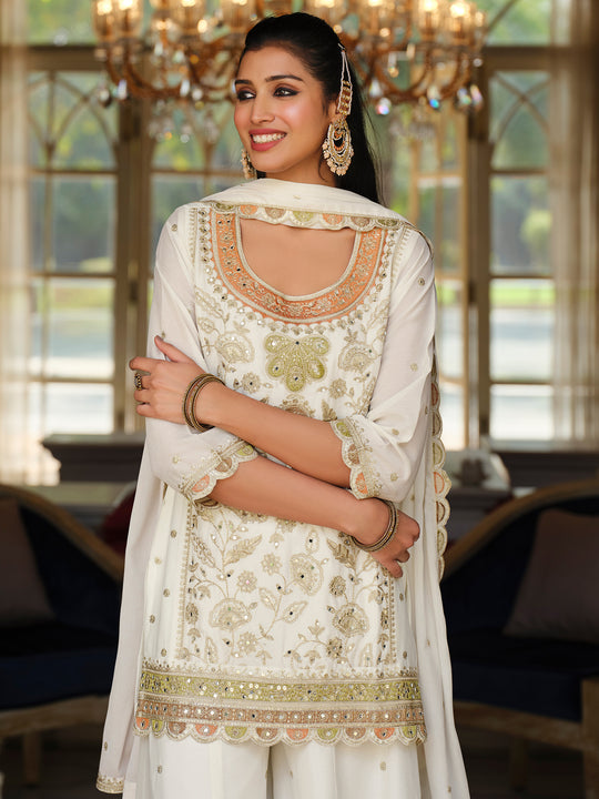 Indo Era White Embroidered Straight Kurta Palazzos With Dupatta Set