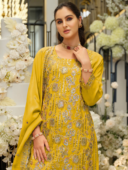 Indo Era Yellow Embroidered Straight Kurta Palazzos With Dupatta Set