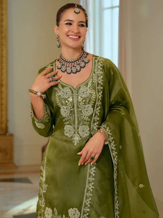 Indo Era Green Embroidered Straight Kurta Palazzos With Dupatta Set