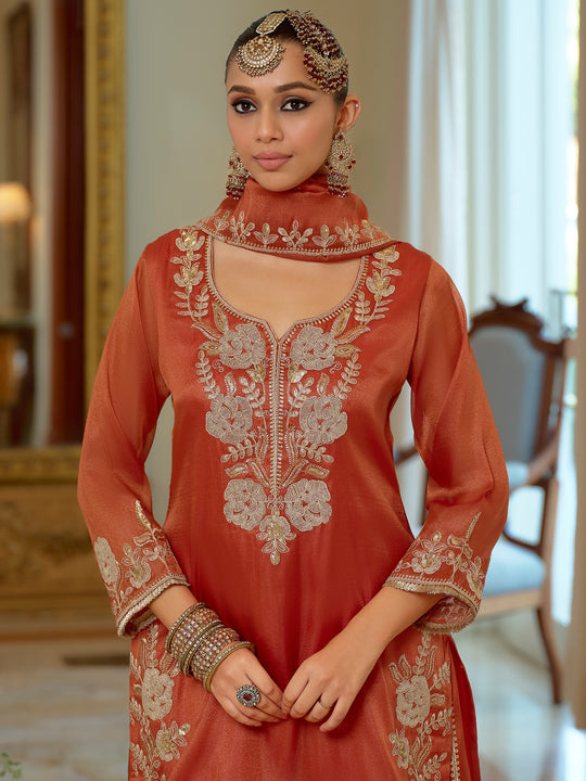 Indo Era Rust Embroidered Straight Kurta Palazzos With Dupatta Set