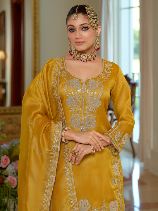 Indo Era Yellow Embroidered Straight Kurta Palazzos With Dupatta Set