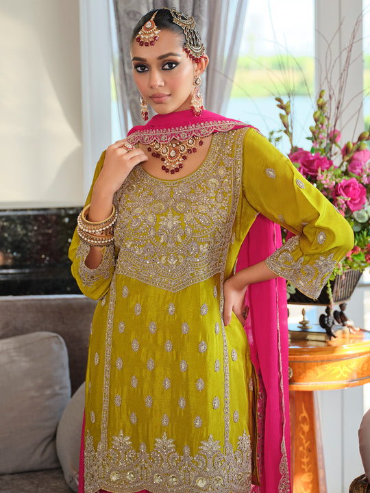 Indo Era Green Embroidered Straight Kurta Palazzos With Dupatta Set