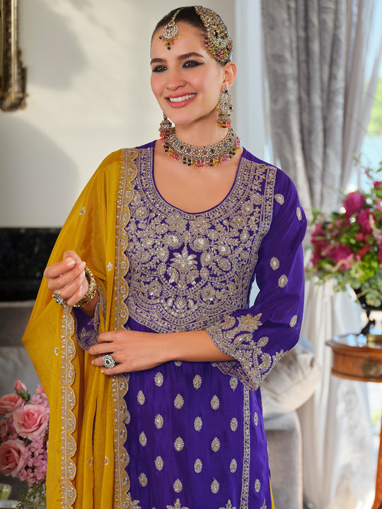 Indo Era Purple Embroidered Straight Kurta Palazzos With Dupatta Set