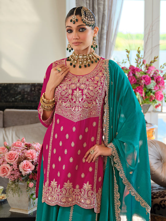 Indo Era Pink Embroidered Straight Kurta Palazzos With Dupatta Set