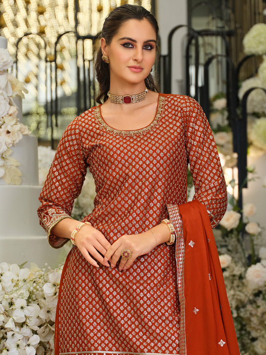 Indo Era Rust Embroidered Straight Kurta Palazzos With Dupatta Set
