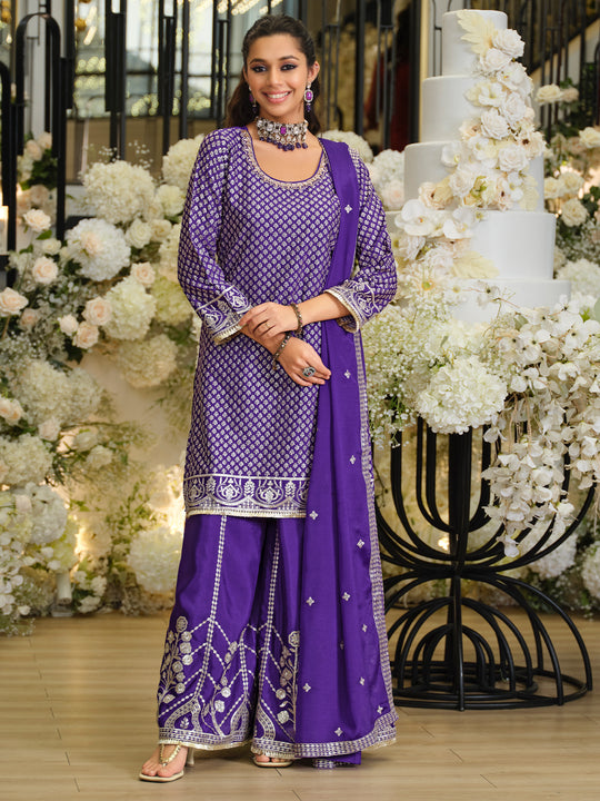 Indo Era Purple Embroidered Straight Kurta Palazzos With Dupatta Set