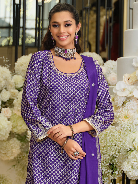Indo Era Purple Embroidered Straight Kurta Palazzos With Dupatta Set