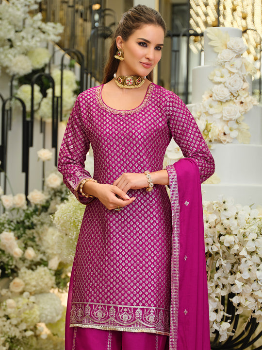 Indo Era Pink Embroidered Straight Kurta Palazzos With Dupatta Set