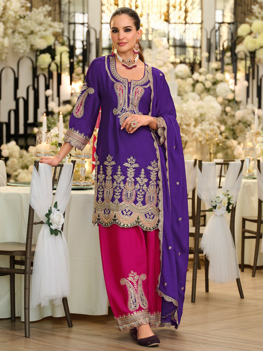 Indo Era Purple Embroidered Straight Kurta Salwar With Dupatta Set