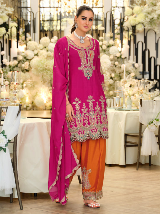 Indo Era Pink Embroidered Straight Kurta Salwar With Dupatta Set