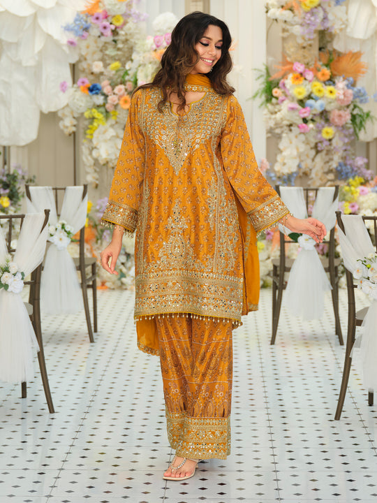 Indo Era Yellow Embroidered Straight Kurta Palazzos With Dupatta Set