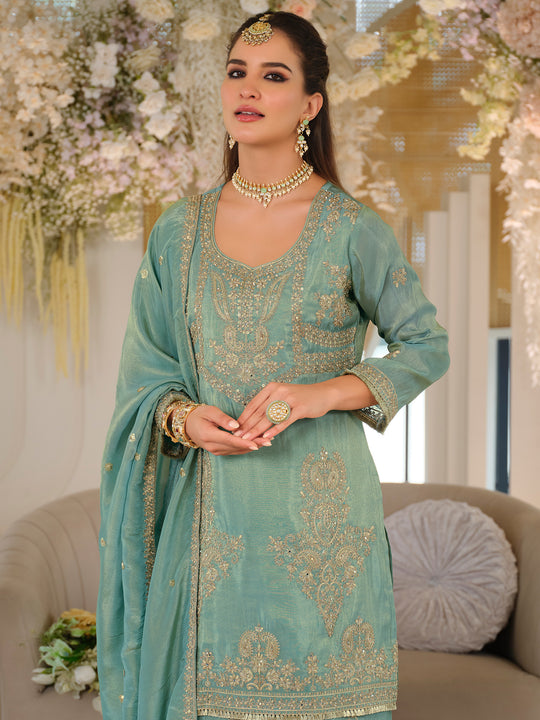 Indo Era Green Embroidered Straight Kurta Palazzos With Dupatta Set