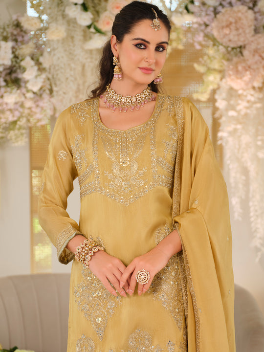 Indo Era Yellow Embroidered Straight Kurta Palazzos With Dupatta Set