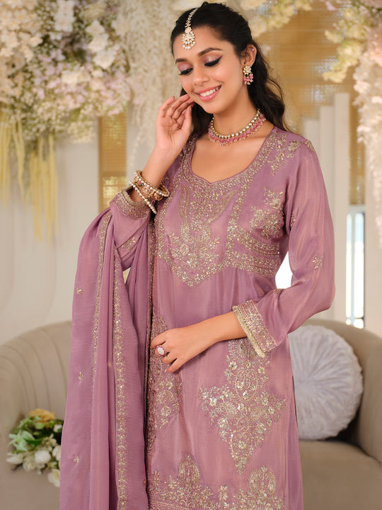 Indo Era Pink Embroidered Straight Kurta Palazzos With Dupatta Set