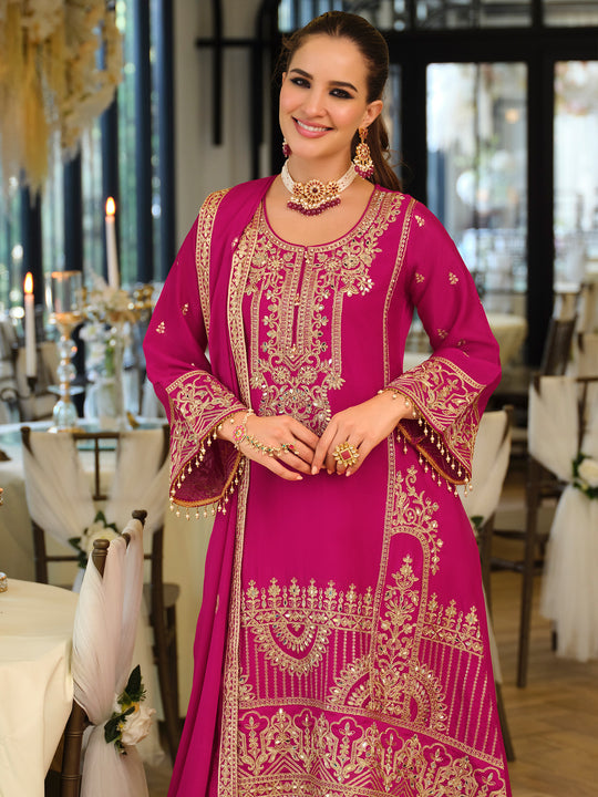 Indo Era Pink Embroidered A-Line Kurta Palazzos With Dupatta Set