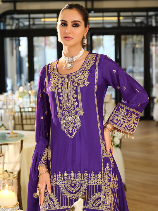 Indo Era Purple Embroidered A-Line Kurta Palazzos With Dupatta Set
