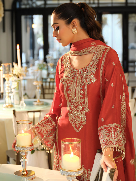 Indo Era Rust Embroidered A-Line Kurta Palazzos With Dupatta Set