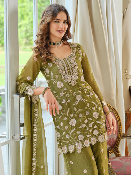 Indo Era Green Embroidered Straight Kurta Palazzos With Dupatta Set
