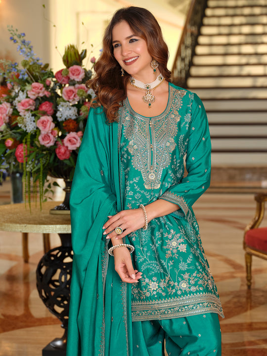 Indo Era Teal Embroidered Straight Kurta Salwar With Dupatta Set