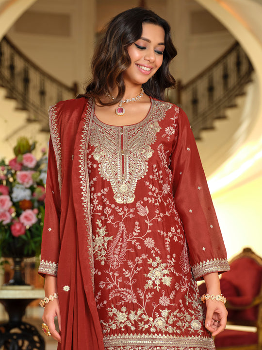 Indo Era Rust Embroidered Straight Kurta Salwar With Dupatta Set