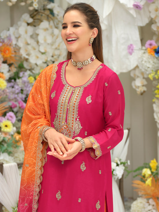 Indo Era Pink Embroidered Straight Kurta Sharara With Dupatta Set