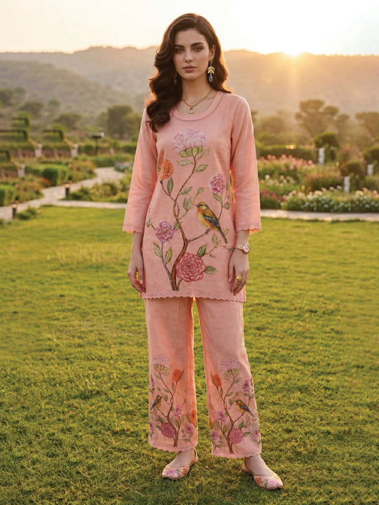 Indo Era Peach Printed Straight Kurta Palazzos Set