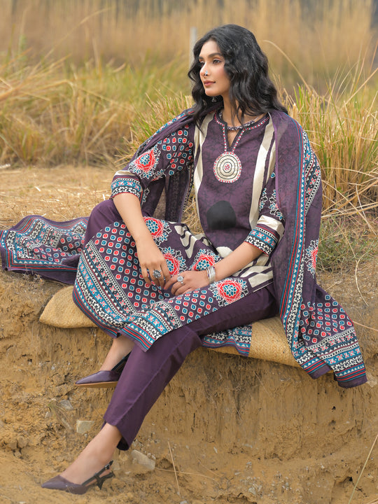Indo Era Burgundy Printed Straight Kurta Trousers With Dupatta Set