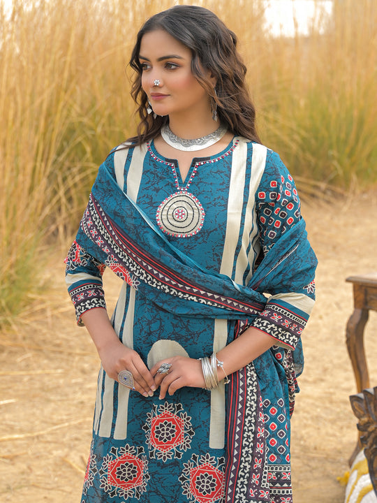 Indo Era Blue Printed Straight Kurta Trousers With Dupatta Set