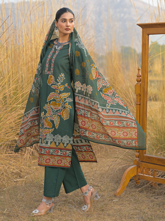 Indo Era Green Printed Straight Kurta Trousers With Dupatta Set