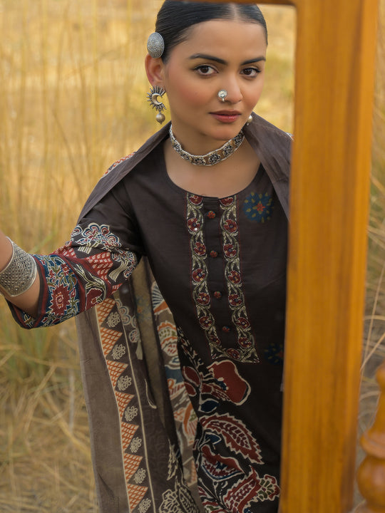 Indo Era Brown Printed Straight Kurta Trousers With Dupatta Set
