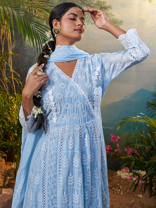 Indo Era Blue Embroidered Anarkali Kurta Trousers With Dupatta Set
