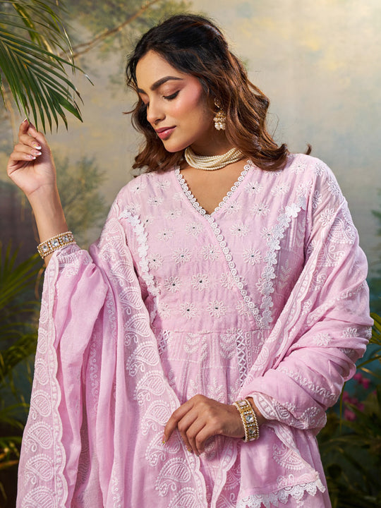 Indo Era Pink Embroidered Anarkali Kurta Trousers With Dupatta Set
