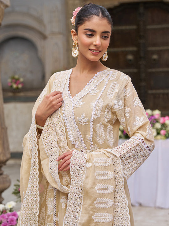 Indo Era Beige Embroidered Anarkali Kurta Trousers With Dupatta Set