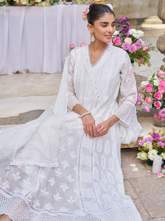 Indo Era White Embroidered Anarkali Kurta Trousers With Dupatta Set