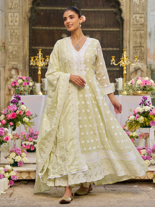 Indo Era Green Embroidered Anarkali Kurta Trousers With Dupatta Set