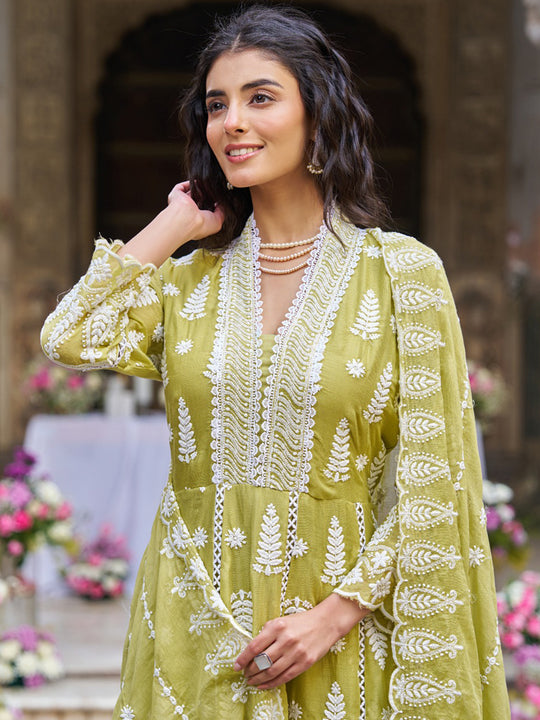 Indo Era Green Embroidered Anarkali Kurta Trousers With Dupatta Set