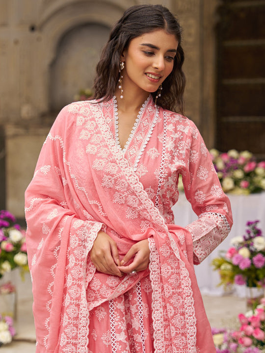 Indo Era Peach Embroidered Anarkali Kurta Trousers With Dupatta Set