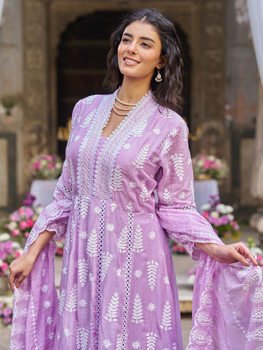 Indo Era Lavender Embroidered Anarkali Kurta Trousers With Dupatta Set