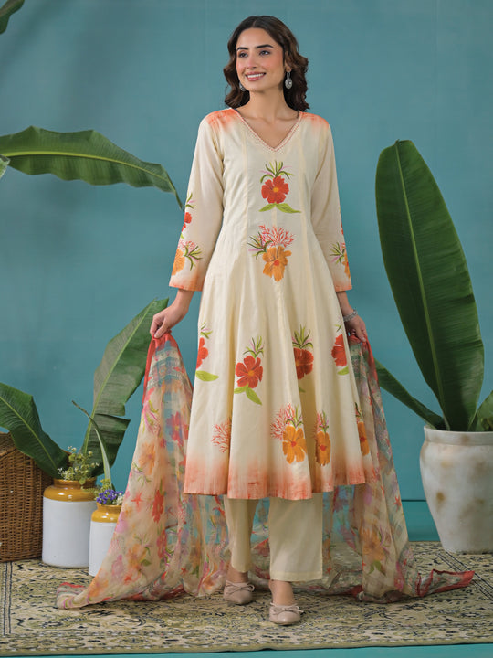 Indo Era Cream Printed Anarkali Kurta Trousers With Dupatta Set