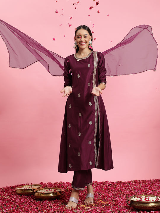 Indo Era Purple Embroidered Straight Kurta Trouser With Dupatta Set