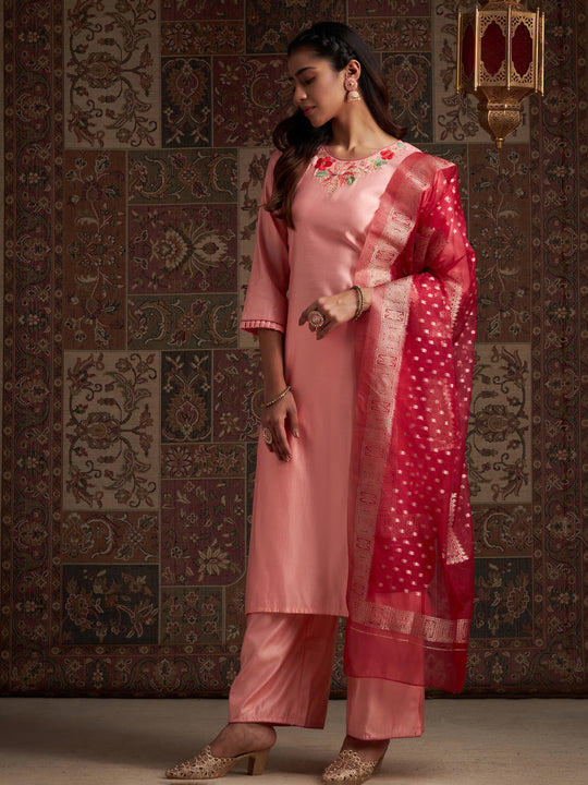 Indo Era Baby Pink Embroidered Straight Kurta Palazzo With Dupatta Set