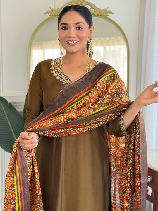 Indo Era Bronze Olive Embroidered Straight Kurta Trousers With Dupatta Set